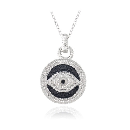 Sterling Silver 1/10Ct Black Diamond Round Evil Eye Necklace