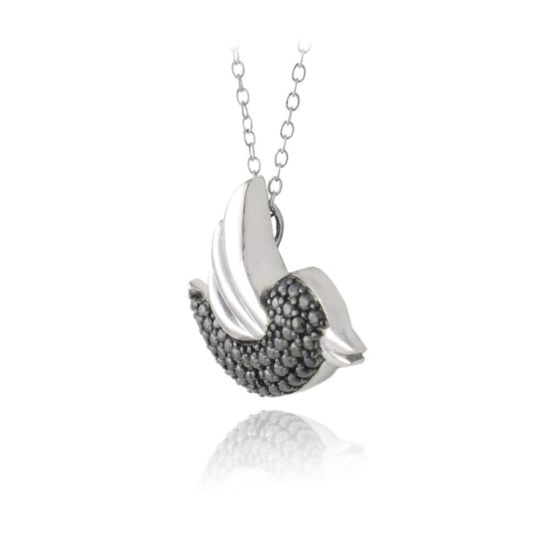Sterling Silver Black Diamond Accent Flying Bird Necklace