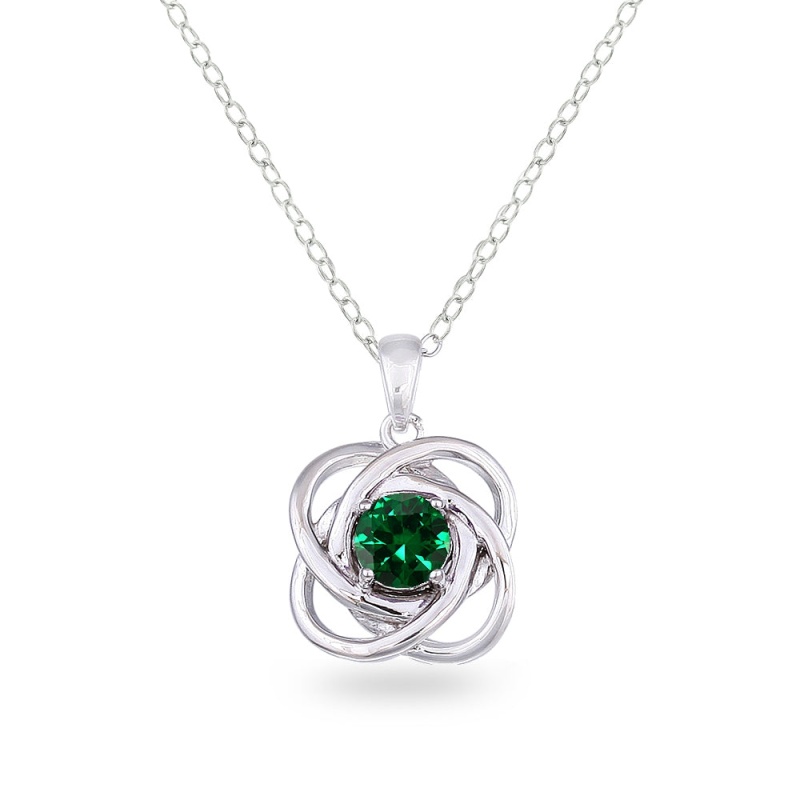 Sterling Silver Simulated Emerald Polished Love Knot Pendant Necklace