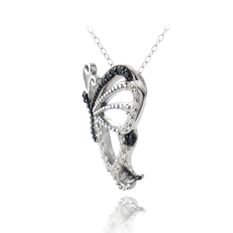 Sterling Silver Black & White Cz Butterfly Necklace