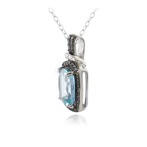 Sterling Silver 4Ct Blue Topaz & Black Diamond Accent Rectangle Necklace