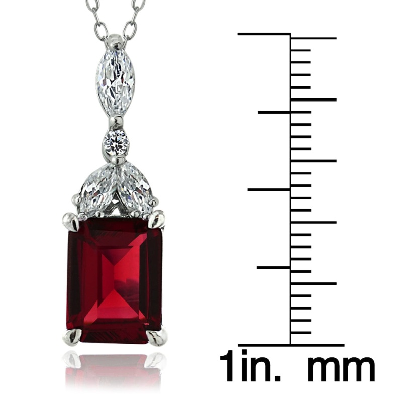 Sterling Silver Created Ruby & Cz Marquise Rectangle Necklace