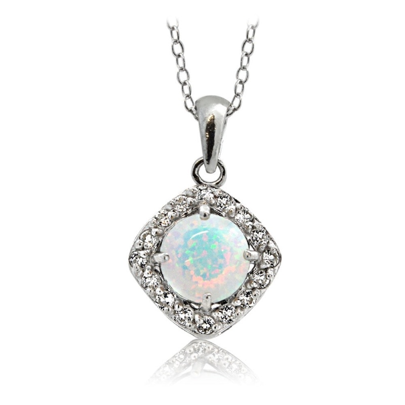 Sterling Silver Opal With White Topaz Diamond Shape Necklace