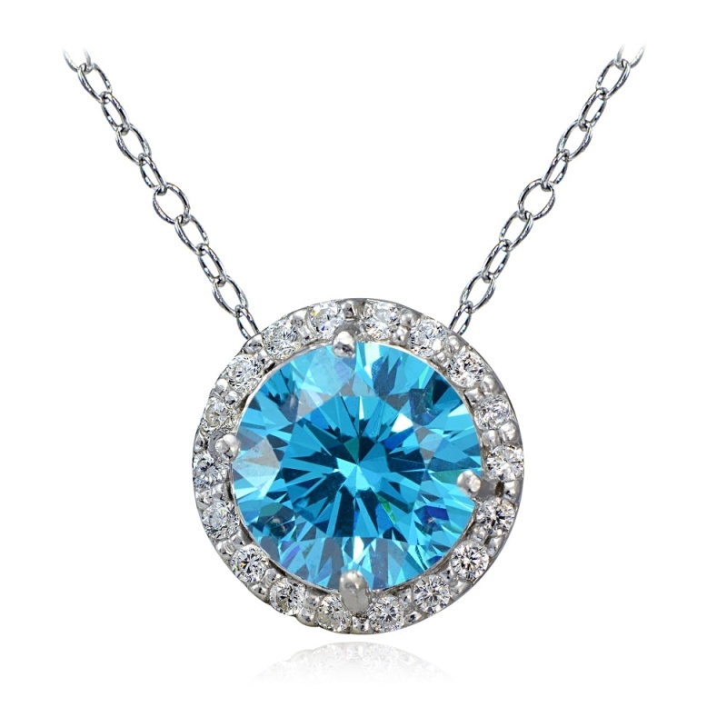 Platinum Plated Sterling Silver 100 Facets Blue Cubic Zirconia Halo Necklace (2Cttw)