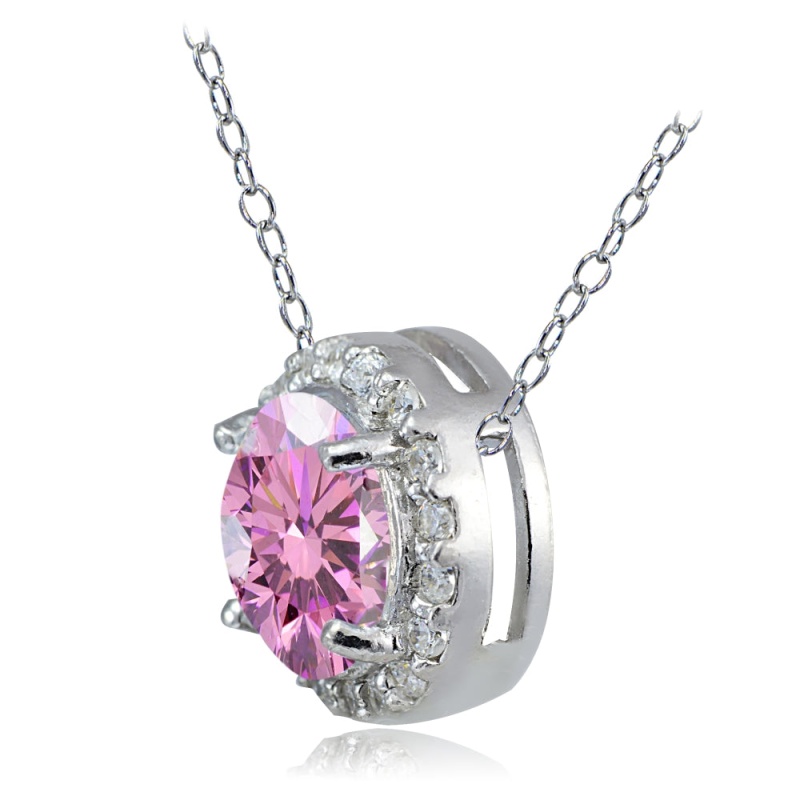 Platinum Plated Sterling Silver 100 Facets Light Pink Cubic Zirconia Halo Necklace (2Cttw)