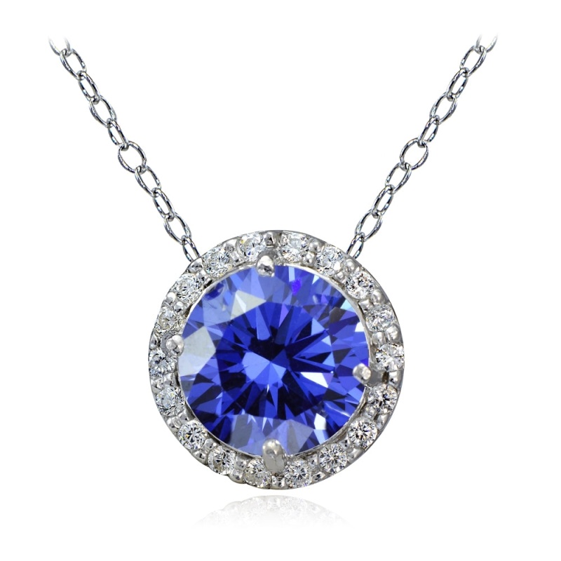 Platinum Plated Sterling Silver 100 Facets Blue Violet Cubic Zirconia Halo Necklace (2Cttw)
