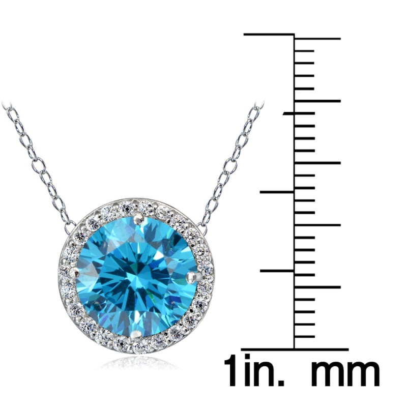 Platinum Plated Sterling Silver 100 Facets Blue Cubic Zirconia Halo Necklace (3Cttw)