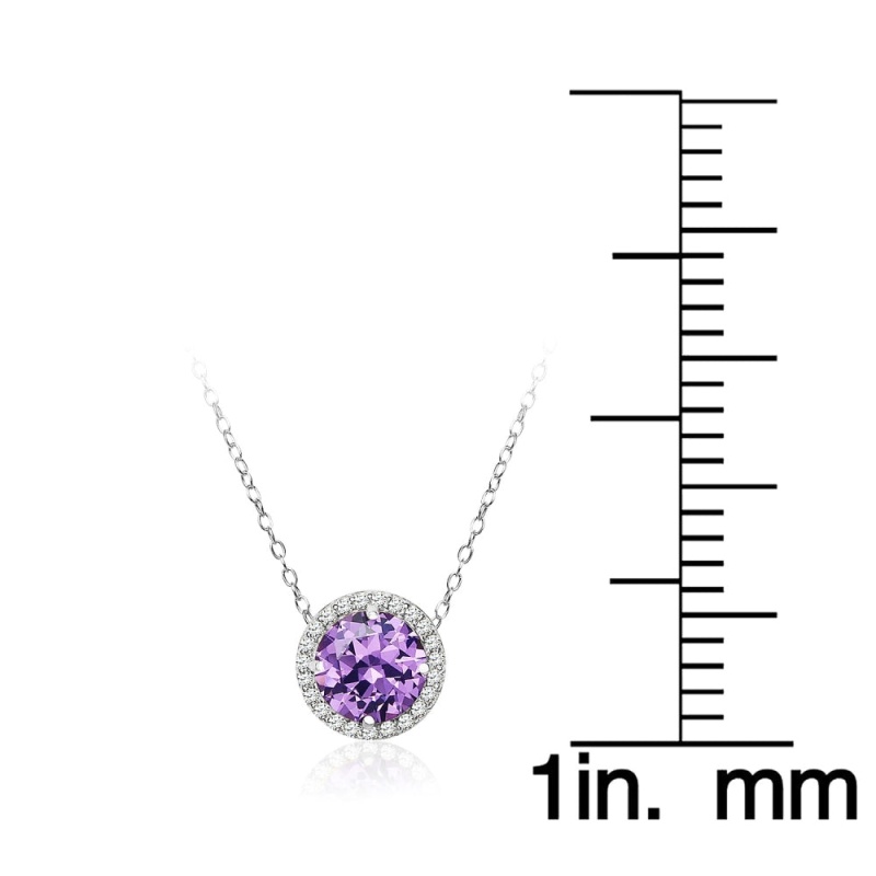 Sterling Silver Created Amethyst And Cubic Zirconia Round Halo Necklace