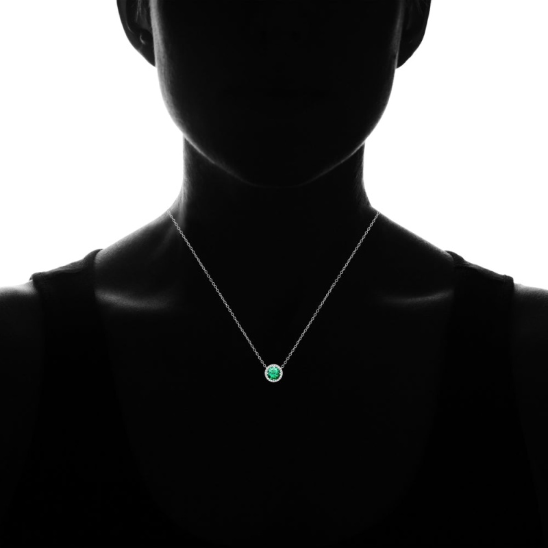 Sterling Silver Created Emerald And Cubic Zirconia Round Halo Necklace