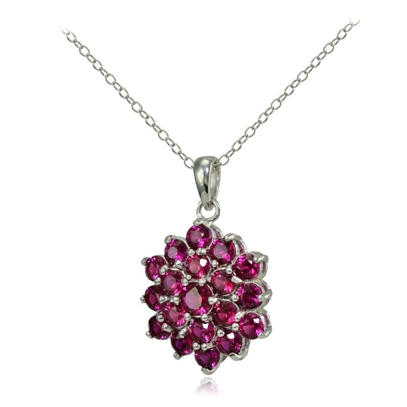 Sterling Silver Created Ruby Flower Necklace