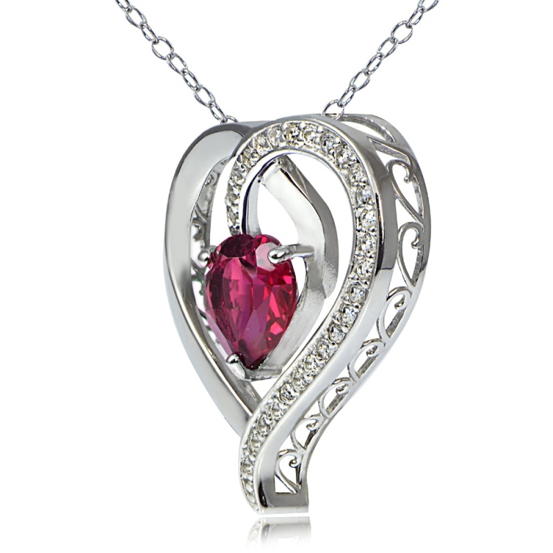 Sterling Silver 2.25Ct Tgw Created Ruby & White Sapphire Heart Necklace