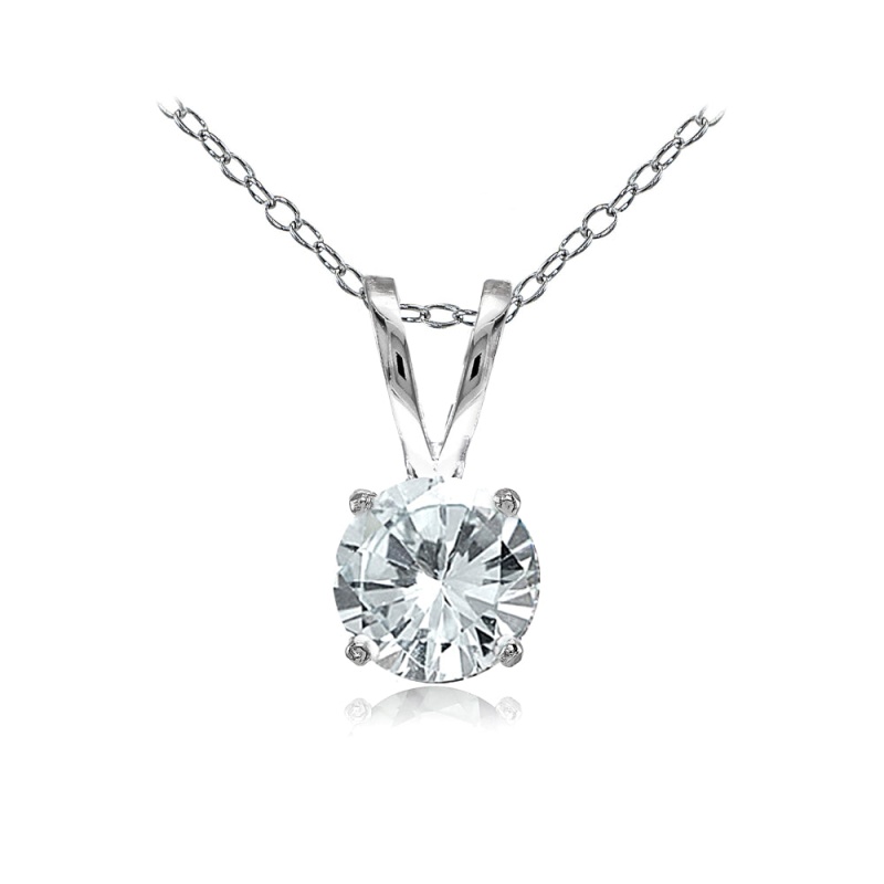 Sterling Silver Aquamarine 7Mm Round Solitaire Necklace