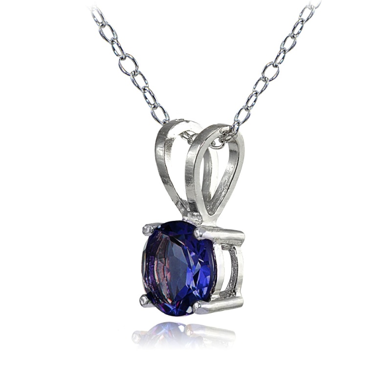 Sterling Silver Created Blue Sapphire 7Mm Round Solitaire Necklace