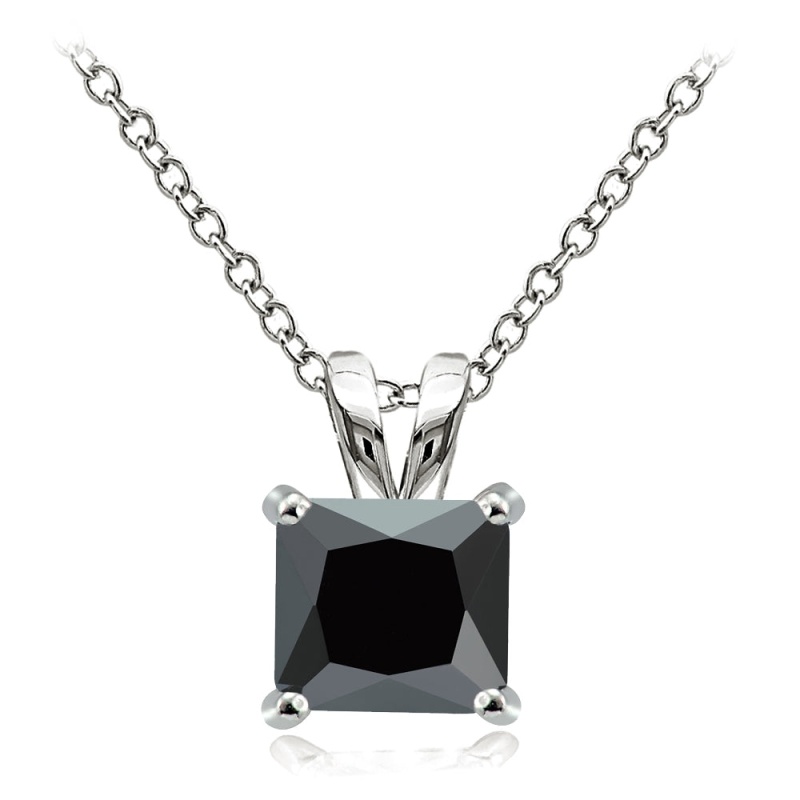 Sterling Silver 5.5Ct Black Cubic Zirconia 10Mm Square Solitaire Necklace