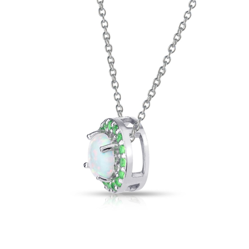 Sterling Silver Simulated White Opal And Emerald Round Halo Necklace