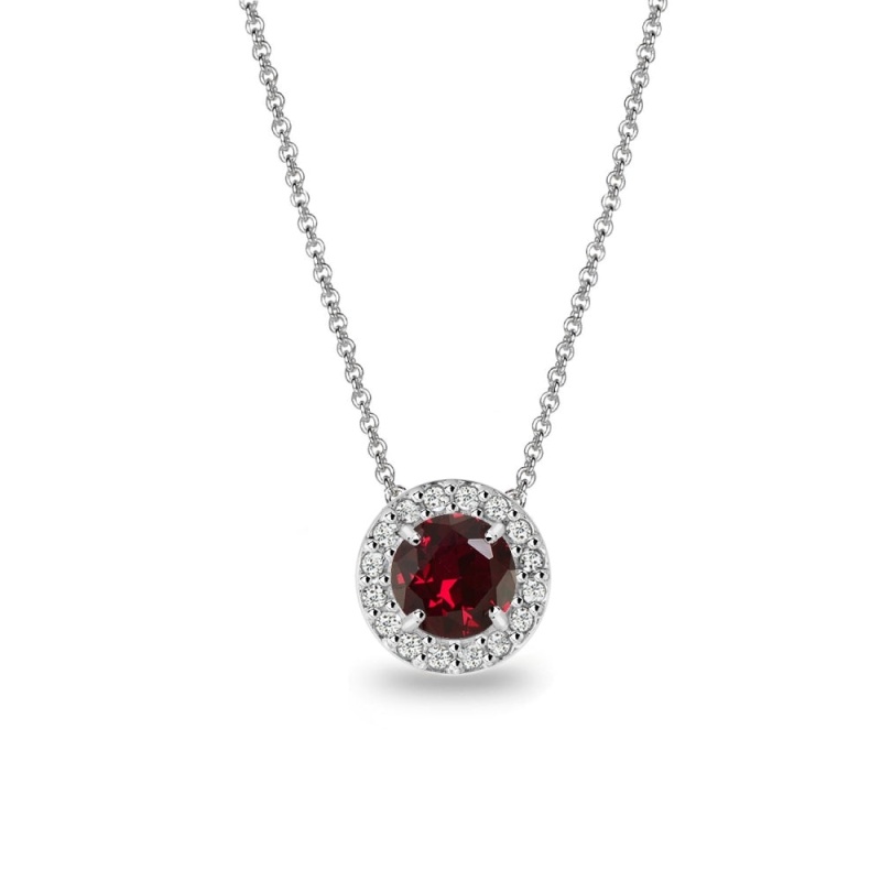 Sterling Silver Created Ruby And White Topaz Round Halo Necklace