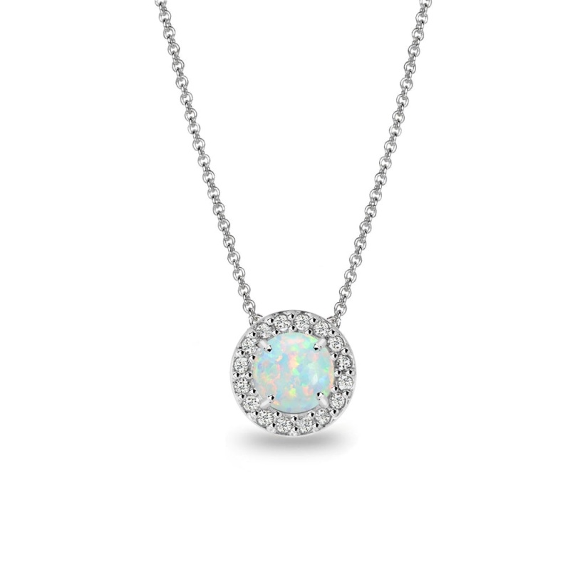 Sterling Silver Created White Opal And White Topaz Round Halo Necklace