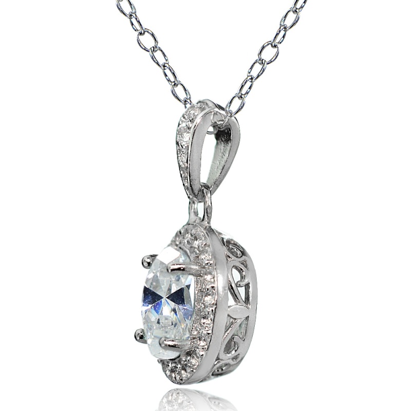 Sterling Silver Cubic Zirconia Oval Halo Necklace