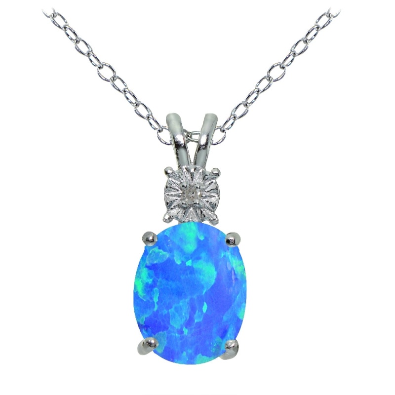 Sterling Silver Created Blue Opal And Diamond Accent Oval Necklace