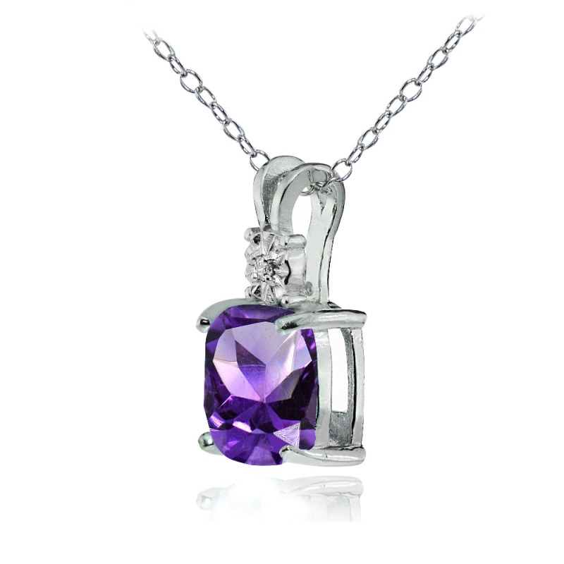 Sterling Silver African Amethyst And Diamond Accent Cushion-Cut Necklace