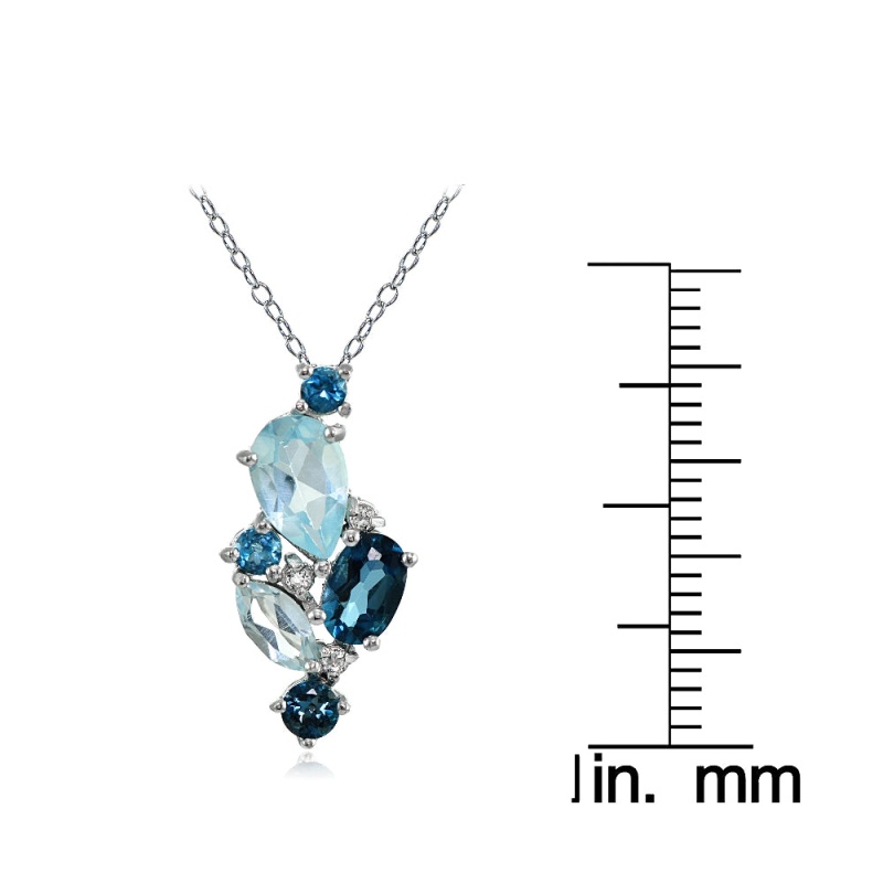 Sterling Silver London Blue, Blue And White Topaz Cluster Tonal Necklace