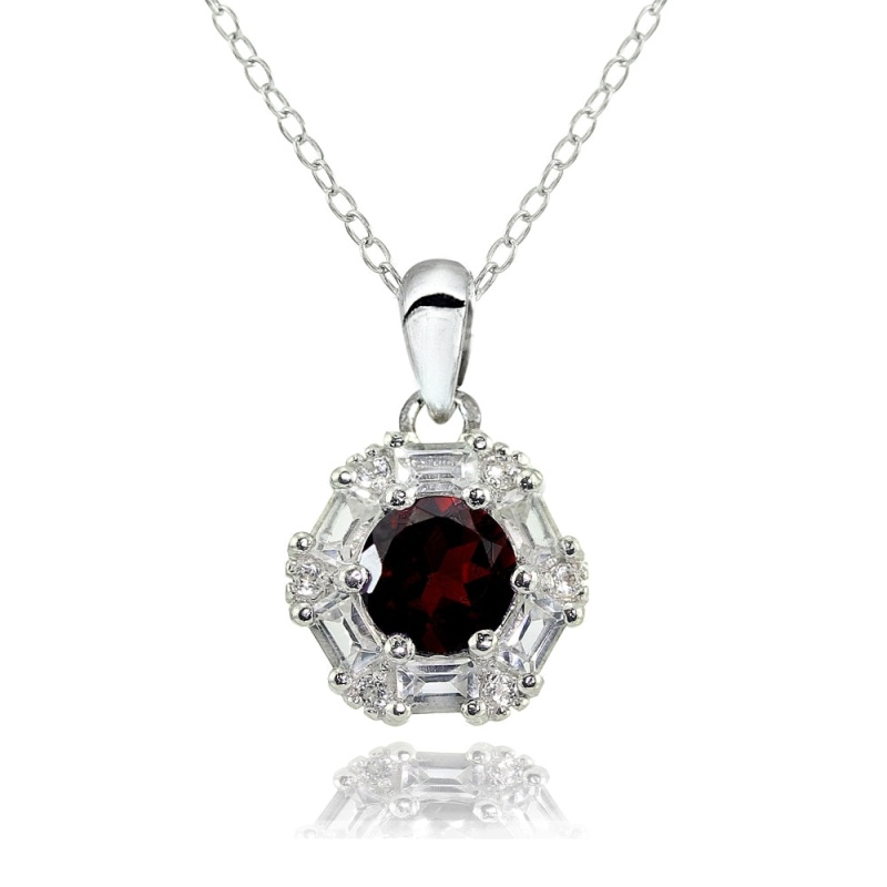 Sterling Silver Garnet And White Topaz Baguette & Round-Cut Fashion Necklace