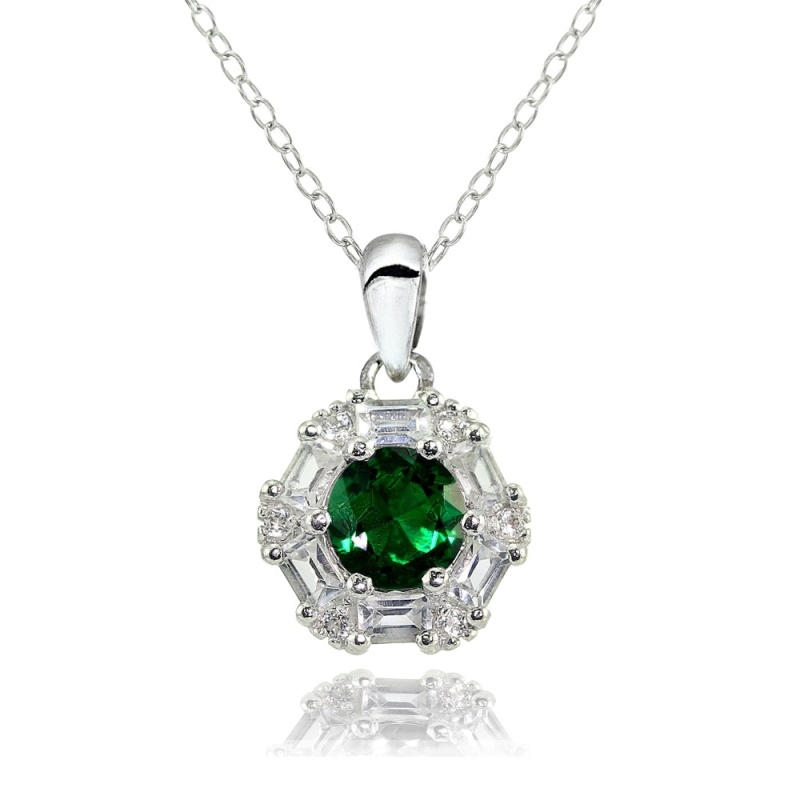 Sterling Silver Created Emerald And White Topaz Baguette & Round-Cut Fashion Necklace