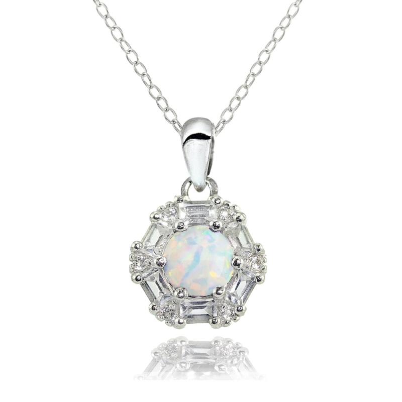 Sterling Silver Created White Opal And White Topaz Baguette & Round-Cut Fashion Necklace