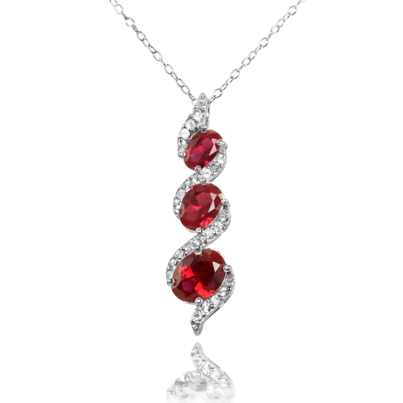 Sterling Silver Created Ruby And White Topaz Oval S Design Three-Stone Journey Necklace