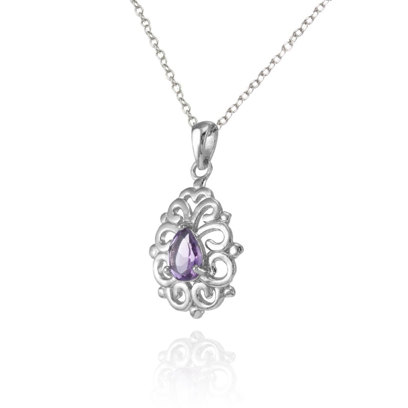 Sterling Silver Amethyst Filigree Teardrop Necklace