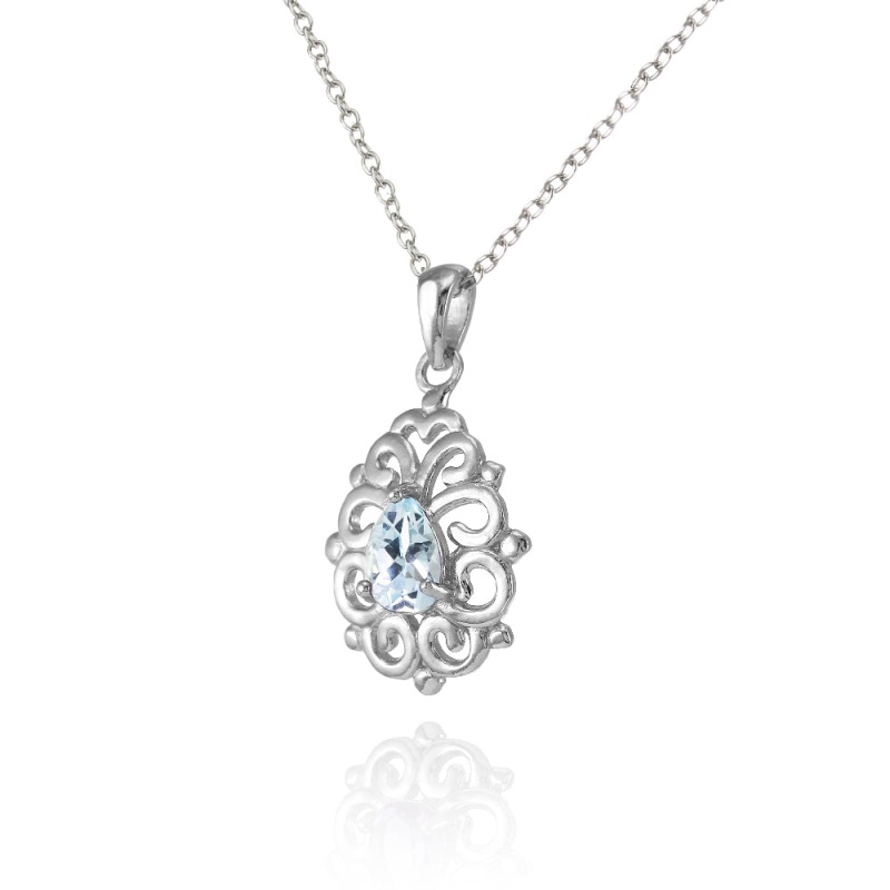 Sterling Silver Blue Topaz Filigree Teardrop Necklace