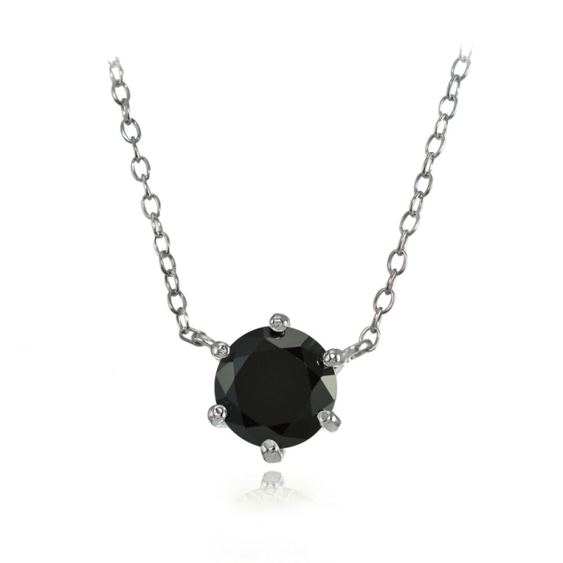 Sterling Silver 7Mm Round Black Cubic Zirconia 6-Prong Solitaire Necklace