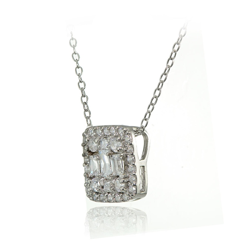 Sterling Silver Cubic Zirconia Baguette And Round Cut Square Necklace