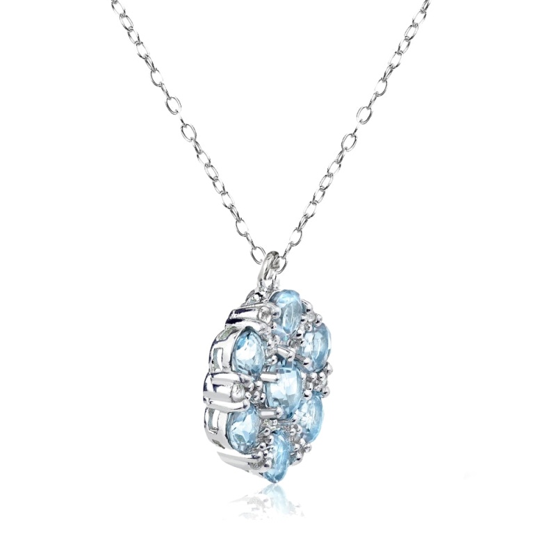 Sterling Silver Blue Topaz And White Topaz Flower Round Pendant Necklace