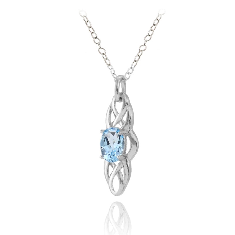 Sterling Silver Blue Topaz Celtic Knot Oval Drop Necklace