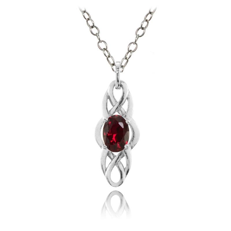 Sterling Silver Created Ruby Celtic Knot Oval Drop Necklace
