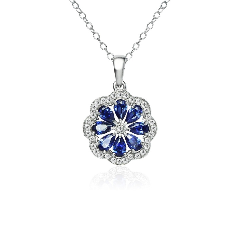 Sterling Silver Blue Cubic Zirconia Teardrop Flower Necklace