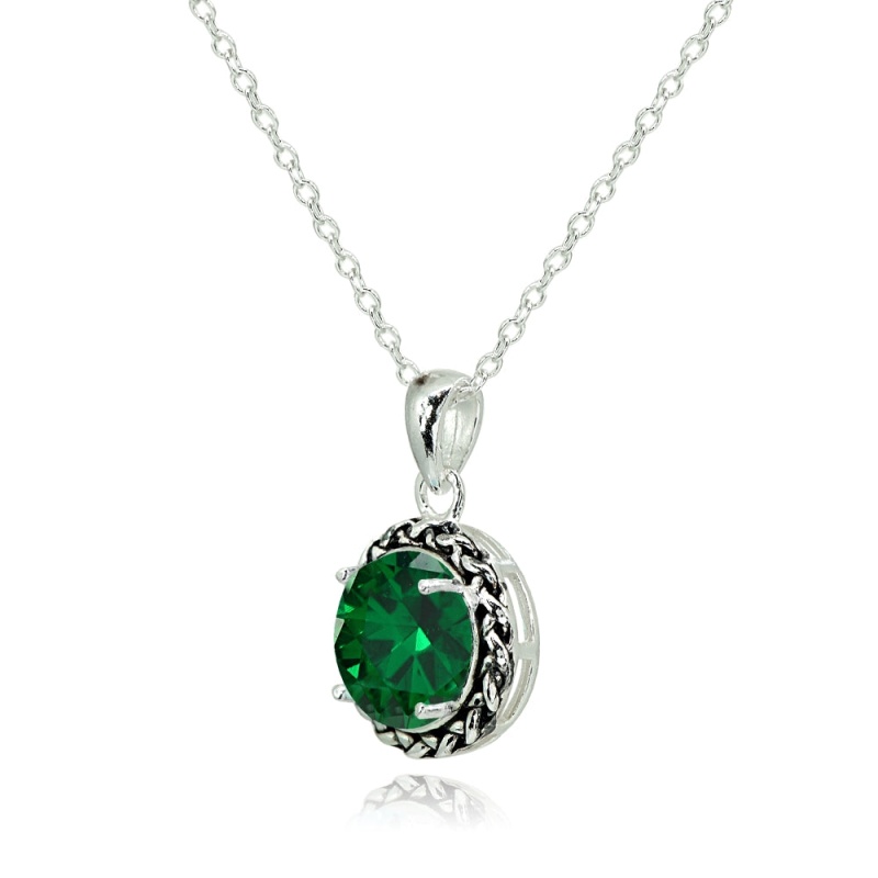 Sterling Silver Simulated Emerald Round Oxidized Rope Pendant Necklace