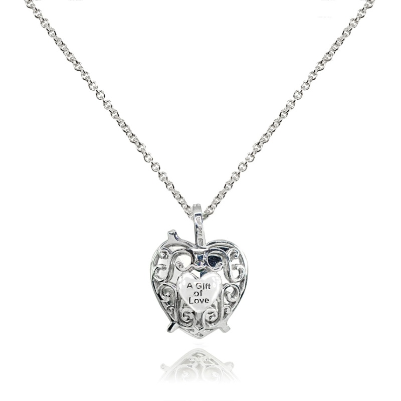 Swarovski Crystal, Sterling Silver Bermuda Blue Bow Tie Engraved “A Gift Of Love” Heart Necklace