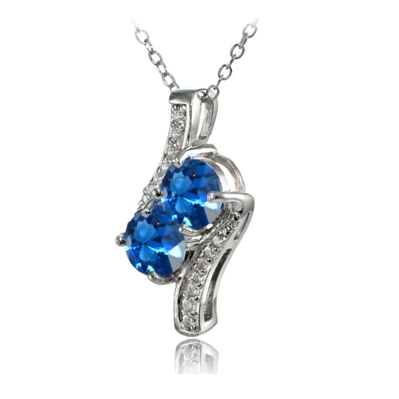 Sterling Silver Created London Blue Topaz Round Two Stone And Cz Accents Necklace