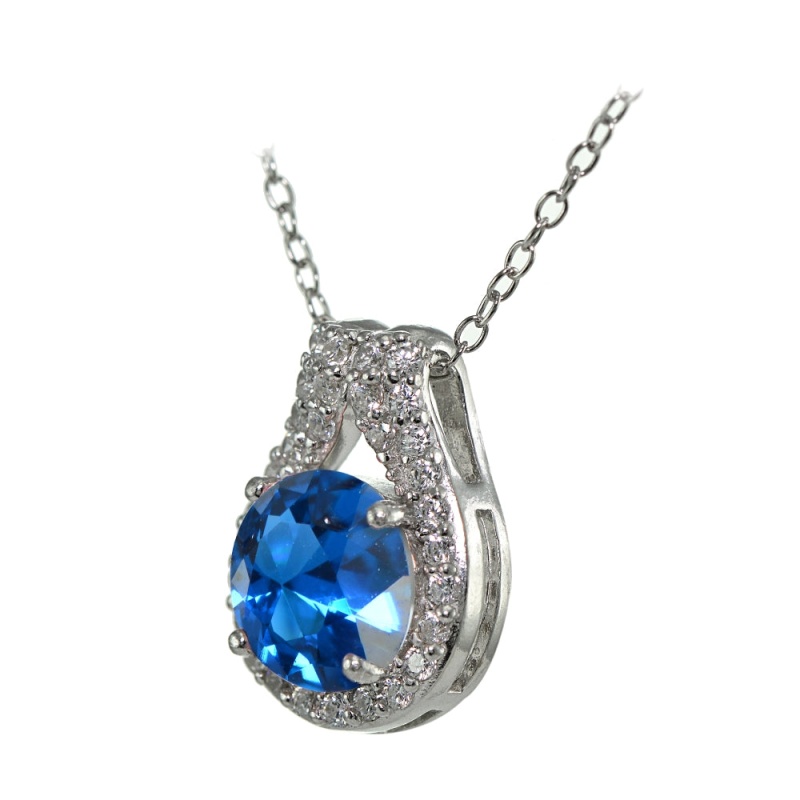 Sterling Silver Created London Blue Topaz Round Halo Necklace With Cz Accents