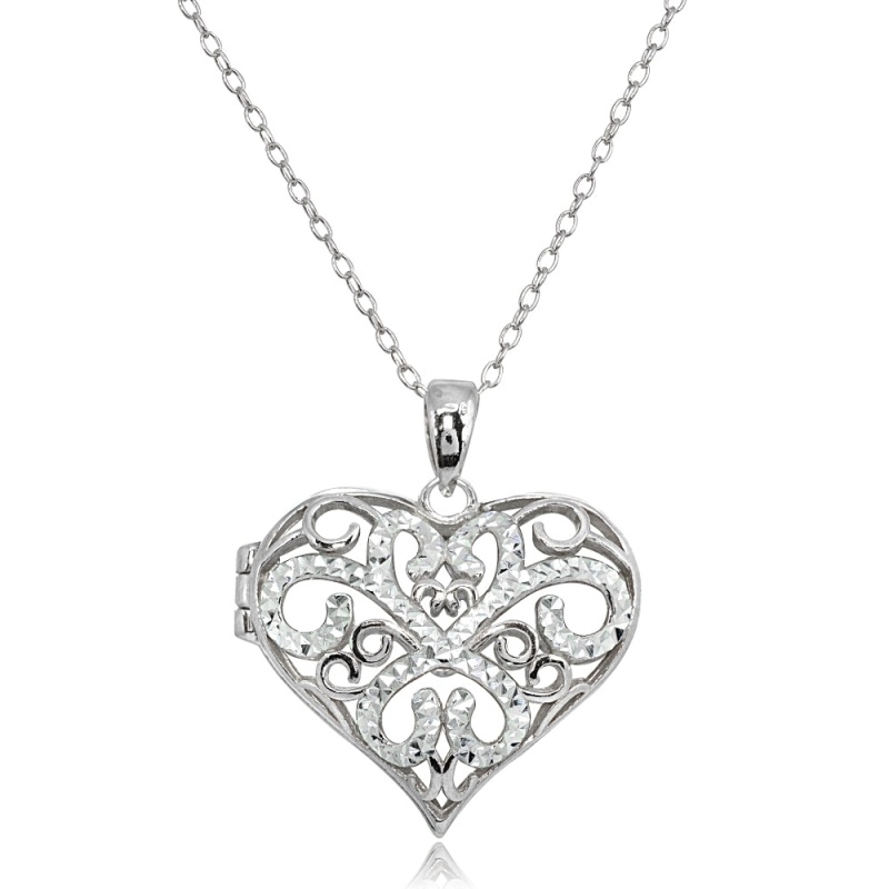 Sterling Silver Polished Diamond-Cut Heart Filigree Picture Locket Necklace