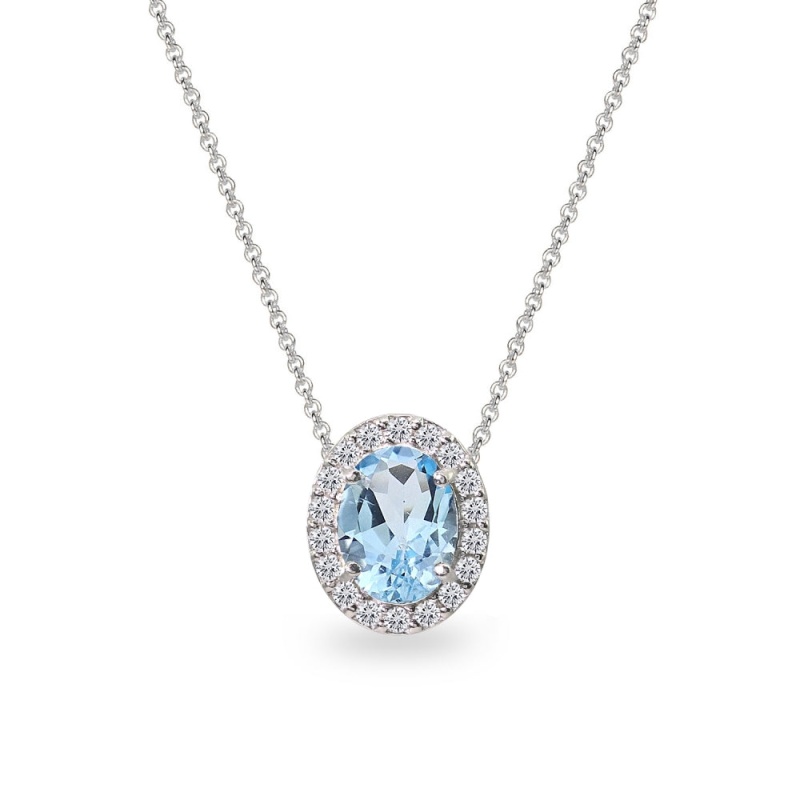Sterling Silver Blue Topaz Oval Halo Slide Pendant Necklace With Cz Accents