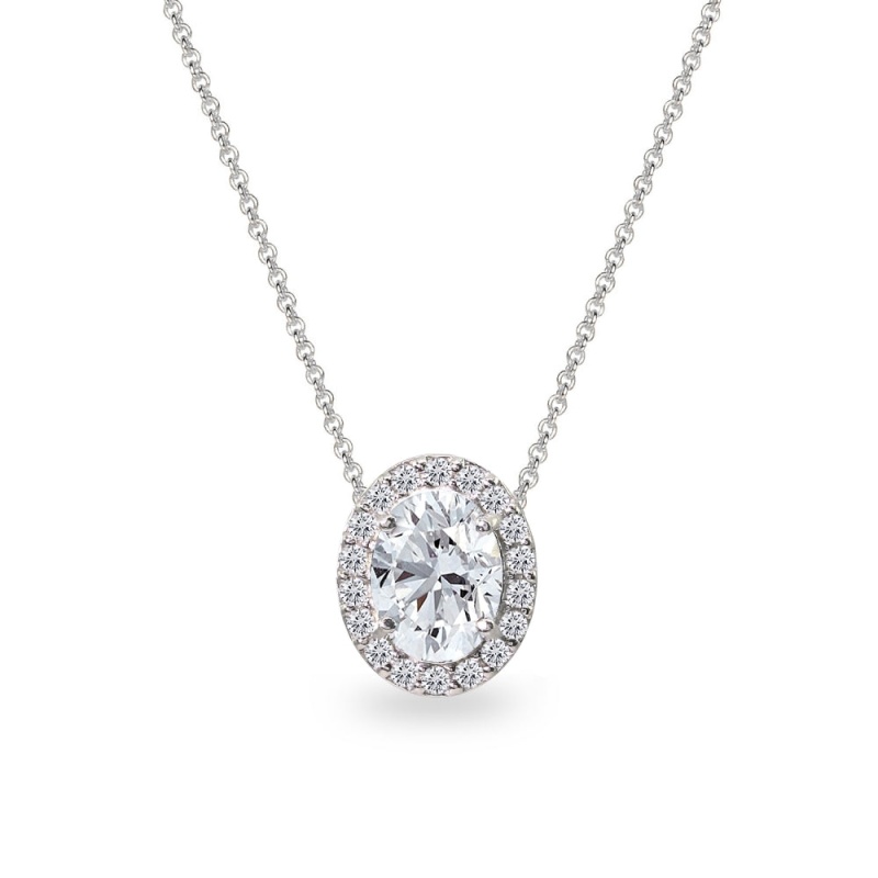 Sterling Silver Created White Sapphire Oval Halo Slide Pendant Necklace With Cz Accents