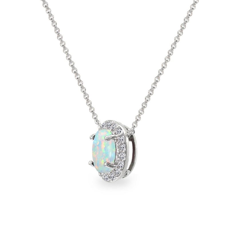 Sterling Silver Created White Opal Oval Halo Slide Pendant Necklace With Cz Accents