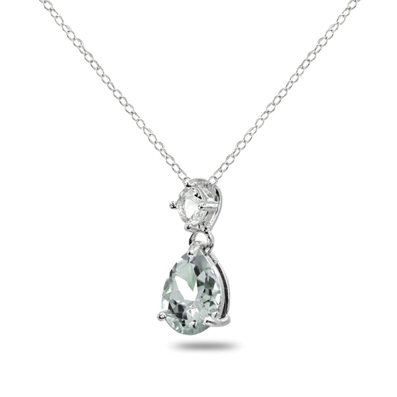 Sterling Silver Light Aqumarine & White Topaz 9X7mm Teardrop Slide Dangling Necklace