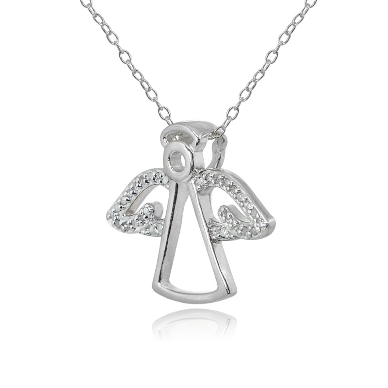 Sterling Silver Polished Angel Wings Diamond Accent Pendant Necklace, Jk-I3