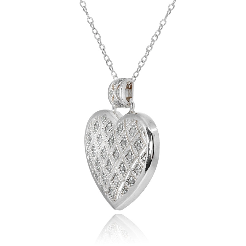 Sterling Silver Polished Textured Heart Diamond Accent Pendant Necklace, Jk-I3