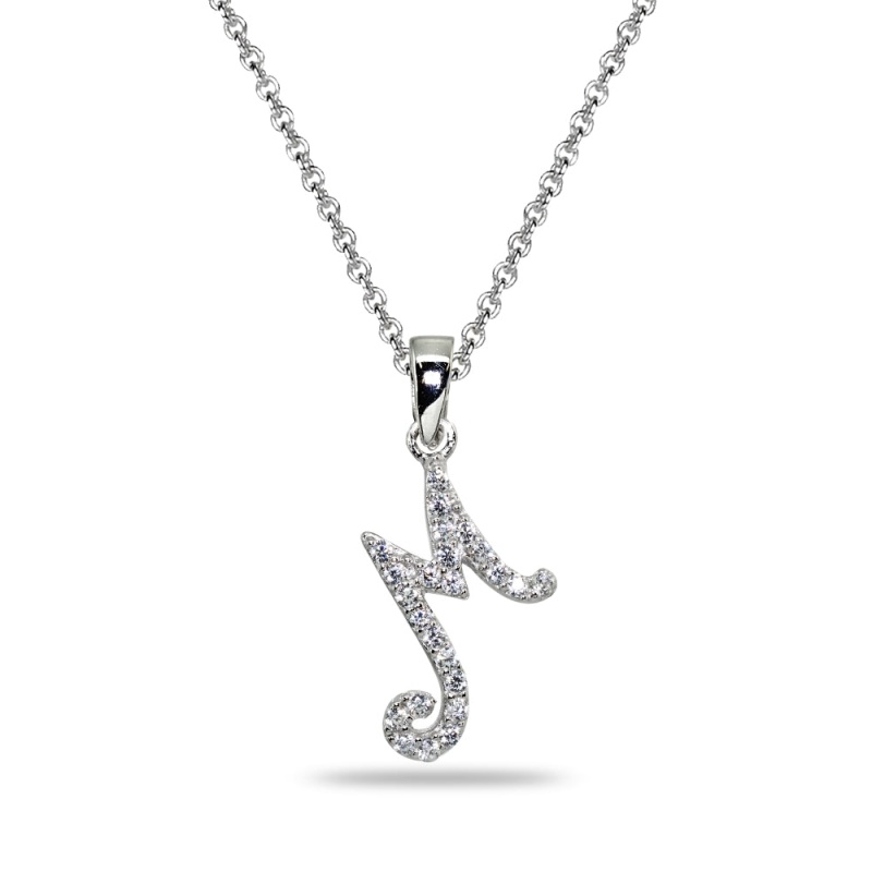 Sterling Silver Cubic Zirconia M Letter Initial Alphabet Name Personalized Pendant Necklace