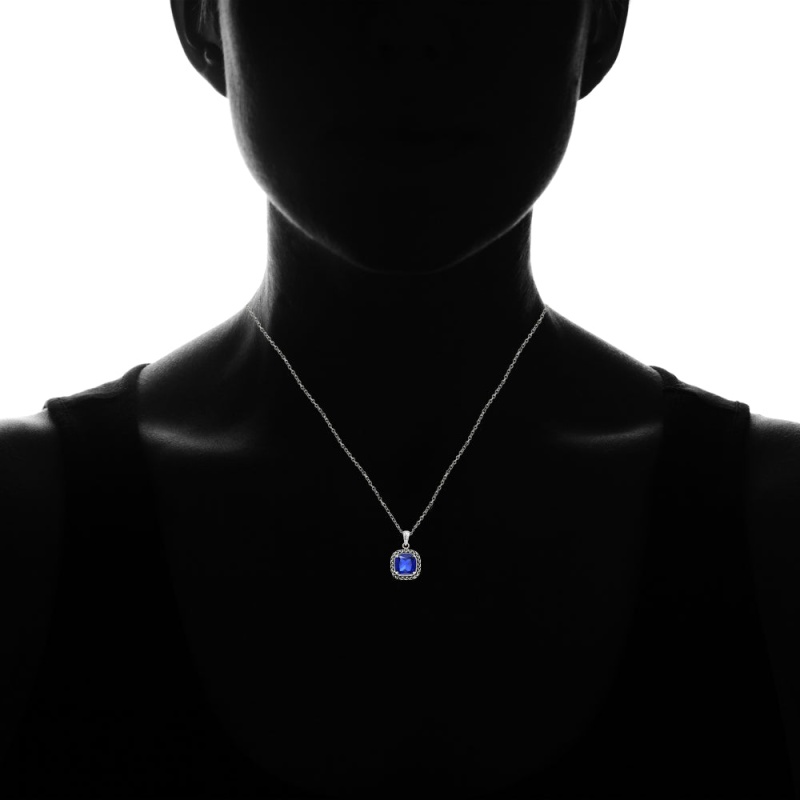 Sterling Silver Created Blue Sapphire Cushion-Cut 8Mm Oxidized Braid Pendant Necklace